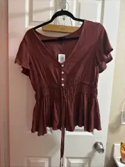 Torrid Madder Brown Gauze Waist Detail Flutter Sleeve Top Blouse Size 00