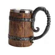 Wooden Beer Mug Beer Barrel, Large Viking Cup Wood Style Beer Mug Tankard with