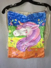 Jax & Olivia Reversible Sequin Colorful Unicorn Canvas Drawstring Bag 16"Hx13"W