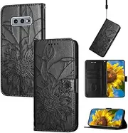 Case for Samsung Galaxy S10e, Sunflower Embossing PU Leather Flip Magnet Wallet Stand Card Slots Hand Strap Protective Cover for Samsung Galaxy S10e (HE-Black)