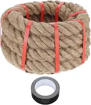 sourcing map Jute Rope 0.55 Inch x 33ft, Heavy Natural Thick Twisted Rope with Black Tape for Crafts Railing Docks Tug of War Swing Nautical Landscaping