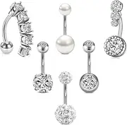 [FASHGOOD] 6Pcs 14G Belly Piercing Surgical Steel Pregnancy Belly Ring Plastic Belly Bar Curved Barbell CZ Ball Heart Pearl Belly Button Piercing Jewellery Silver Navel Rings Body Jewellery