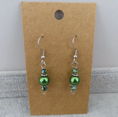 GREEN Dangle Earrings Czech Glass Pearl Bead Crystal Silver Tone Holiday Gift