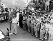 General Douglas MacArthur reads speech before microphone surrender- Old Photo