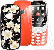 [ESACMOT] Golden Flowers Pattern Case Compatible with Nokia 3310 2017 + [2 Pack] Screen Protector Tempered Glass, Shockproof Case Cover for Nokia 3310 2017 (2.4 inch)