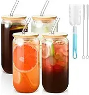 Set of 4 Drinking Glasses with Lid and Straw, 500 ml Glass with Lid and Straw, Iced Coffee Glass for Smoothie Latte Macchiato Whiskey, Ideal for Birthday, Valentine's Day, Gifts