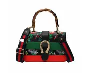 Womens Bamboo Top Handbag Leather with Wide Shoulder Strap-Black