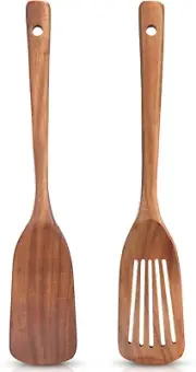 2 Pcs Acacia Wood Spatula Set Non Stick Cooking Utensils Slotted Turner Flat