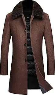 [Gsywaipei] Men's Fur Collar Long Trench Coat Winter Classic Business Wool Overcoat Single Breasted Casual Pea Overcoat, Caramel, 3X-Large