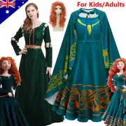 Adults Kids Braver Merida Cosplay Costume Dress Wig Outfit Party Fancy Dress Up
