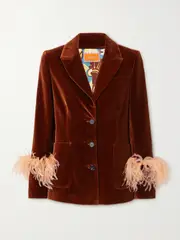 [La DoubleJ] La DoubleJ - Keaton Feather-trimmed Cotton-velvet Blazer - Red - small small Red