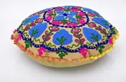 Suzani Round Pillow Cover Indian Boho Throw Cushion Cover Embroidery with PomPom