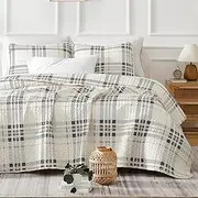 Southshore Fine Living, Inc. Oversized Coverlet Set, Plaid Quilted Bedspread Queen Size/Full Size, 3-Piece Bedding Set and Matching Pillow Shams, All Season Microfiber Fabric, Tofu Cream Plaid