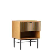 Linjer Bedside Table in Oak Melamine Finish Cabinet, MDF with Drawer Front and Black Metal Legs and Handle