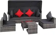 'vidaXL 7-Piece Garden Lounge Set with Cushions - Modular Outdoor Patio Furniture - Comfortable Seating Area with Extendable Canopy - Grey Poly Rattan & Powder-Coated Steel Frame