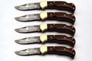Custom handmade Damascus steel blade folding knife 5 piece lot with leather cove