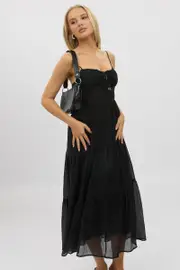 Black Midi Dress Tiered Strappy - Size 16XL, Women's Midi Dress
