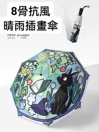 在飛比找樂天市場購物網優惠-黑貓插畫風 三折八骨自動晴雨兩用優質傘