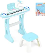 HONEY JOY 37-Key Kids Piano Keyboard Toy, Toddler Electronic Piano w/ Music Score, Music Stand, Microphone, Lights & Stool, Musical Instrument w/8 Rhythms & 8 Instrument Sounds for 18+ Months (Blue)