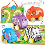 Vanmor Kids Pull-Back Cars Set - 2 in 1 Baby Toy Set with 4 Animal Vehicle and Musical Mat Carrying Bag-Kid Toy Cars for 12M+ Infant, Soft Toys for Babies and Toddlers