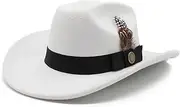 [Faringoto] Men's Feather Fedora Wide Brim Hat Vintage Jazz Hat Couple Hat Western Cowboy Hat