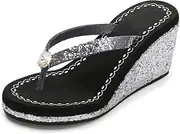 [TangDao] Women's Platform Flip Flops Rhinestone Sandals Wedge Slipper For Summer (5.5, Black With Rhinestone, numeric_5_point_5)