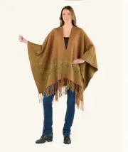 NEW PATRICIA NASH Boho Fringe Shawl Light Tan/Green Poncho/Ruana Southwestern