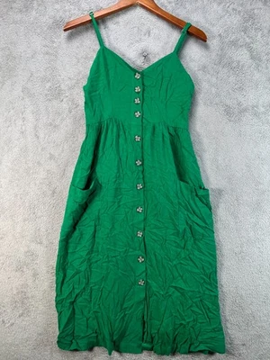 Nordstrom Good Luck Gem Womens Medium Kelly Green Dress Midi Button Front Strapy
