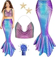 Jiuguva Mermaid Costume Includes Metallic Chain Top Halloween Women's Mermaid Skirt Starfish Hair Clip Glitter Gel