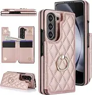 [XIMAND] for Samsung Galaxy Z Fold 5 Wallet Case with Ring and Credit Card Holder, Cash Slot, Premium Diamond Leather Magnetic Clasp Kickstand Heavy Duty Protective Cover.(Rosegold)