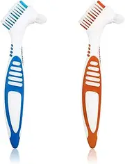 2-Pack Denture Cleaning Brush Set- Premium Hygiene Denture Cleaner Set for Denture Care- Top Denture Cleanser Tool w/Multi-Layered Bristles & Ergonomic Rubber Handle (Blue and Orange)