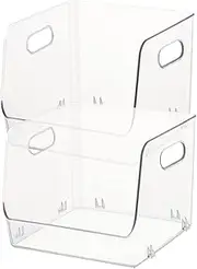 DOITOOL 2Pcs Stackable Transparent Tabletop Storage Box Durable Organizing Container with Handles for Makeup Kitchen Sundries Office Supplies and Home Decor