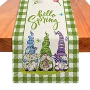 Hello Spring Gnomes Green Buffalo Plaid Table Runner 72 Inches Long, Gnome
