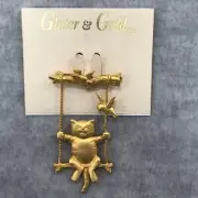 Cat In Tree Swing Brooch Pin Gold Toned Dangle Satin Finish Signed JJ