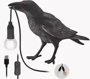 Gothic Crow Lamp - Cute Black Raven Desk Light with USB Line, Unique Resin Ha...