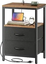 [Huuger] Nightstand with Charging Station, Side Table with Fabric Drawers, End Table with Open Shelf, Bedside Table with USB Ports and Outlets, Night Stand for Bedroom, Rustic Brown and Black