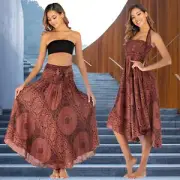 Halterneck Dress Women Skirt Bohemian Style Women's Retro Print Flowy Hem Halter