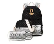 B05 3PCS Girls Lovely Pig Nose Backpack Ethnic Style Backpack Portable School Bag Computer Backpack Lunch Insulation Bag