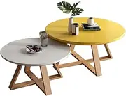 Nesting Coffee Tables Round Wood Nesting Coffee Tables Set of 2 for Living Room, Coffee Tables Beech Wood Legs, End Tables for Small Spaces，Yellow + Gray Desktop
