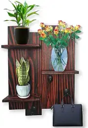 Wall Mounted Shelves Floating Wood Racks w 3 Hooks for Keys Hat Clothes Entryway