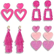 [LYLYMIMI] 4 Pcs Barbie Pink Heart Earrings Set Hot Pink Earrings for Women Lover Earrings Pink Heart Dangle Earrings Tassel Earrings for Women Lightweight Barbie Earrings for Women