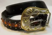 Ladies genuine black and brown leather belt with citron rhinestones and conchos