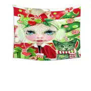 Red Green Christmas Cindy Girl and Kitty Cat Tapestry