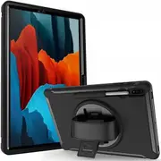 For Samsung Galaxy Tab S7 Plus SM-T970 /T976B Shockproof Case With S-Pen Holder Heavy Duty Military Grade Rotating Cover (Black)