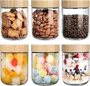 6 pack Glass Jars with Airtight Lids, Overnight Oats Containers with Bamboo Lids, Wide mouth Mason Salad jars, Glass Food Storage Containers for Snacks Yogurt Sugar Flour Cookie Cereal (480ml)