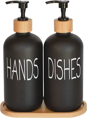 Glass Soap Dispenser Set. Hand Soap and Dish Soap Dispenser with Bamboo Tray. Vi