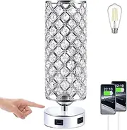Brabola Crystal Table Lamps, Silver Touch Lamp for Bedside Bedroom Desk Lamp with 2 USB Charging Ports Bedside Table Room Decor for Kids Room Home Office Living Room Bar Restaurant