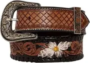 [Myra Bag] Women's Checkered Hand Tooled Leather Belt, Brown, Medium