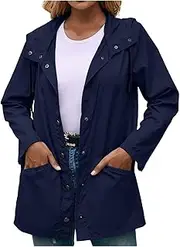 [WUANDIXFA] Jackets for Women Long Sleeve Loose Coat with Pocket Hiking Lightweight Windbreaker Hooded Rain, Navy, Large