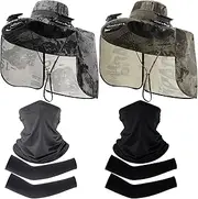 [Syhood] 2 Sets Wide Brim Sun Fan Hat with Arm Sleeves and Neck Gaiter, Solar Powered USB Fishing Hat with Neck Flap for Men Women Outdoor Hiking Summer UV Protection
